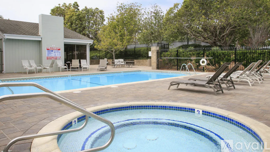 A pool with a blue tiled edge and a metal ladder.