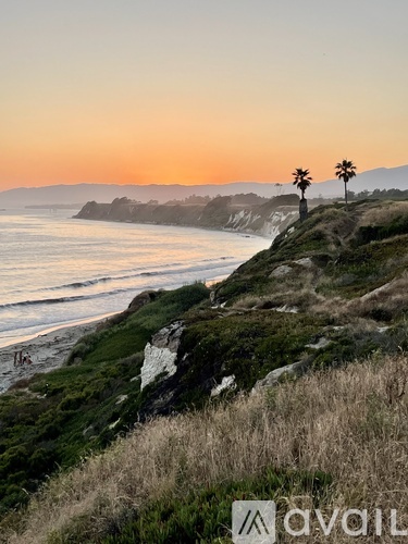 A beach at sunset with palm trees and cliffs.