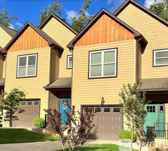 A row of houses with blue doors and garages.