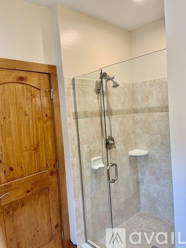 A bathroom with a glass shower stall and a wooden door.