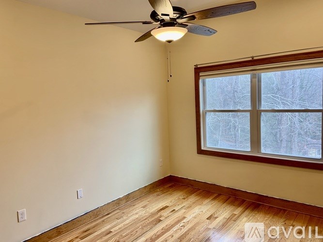 A room with a ceiling fan and a window showing trees outside.