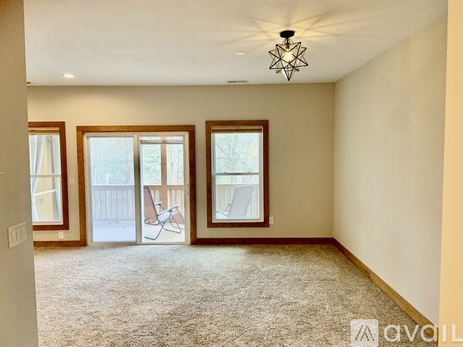 A room with a carpeted floor, two windows, and a ceiling light.