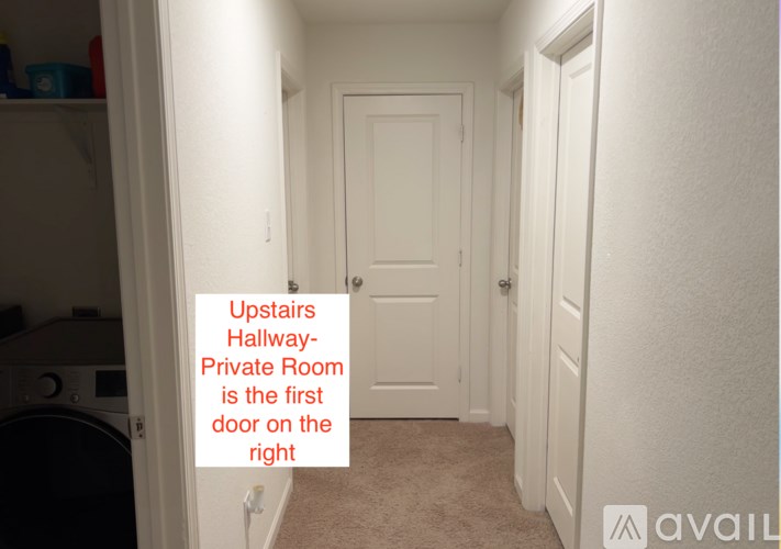 A hallway with a sign that says "Upstairs Hallway-Private Room is the first door on the right".