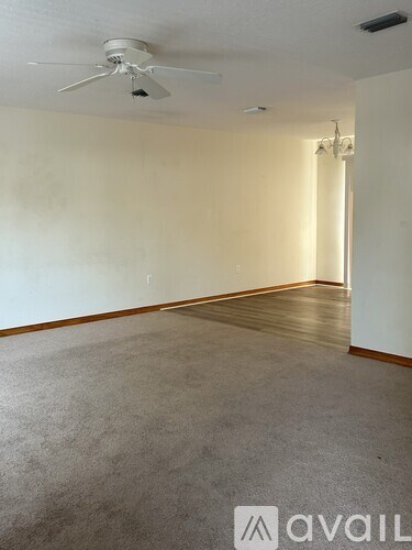 A room with a carpeted floor and a ceiling fan.