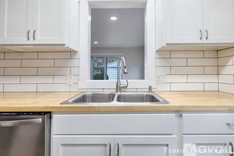A modern kitchen with a stainless steel dishwasher and a wooden countertop.