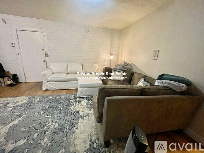 A living room with a white couch and a rug.
