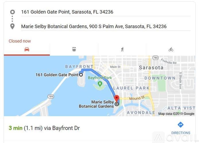 A map shows the location of Marie Selby Botanical Gardens in Sarasota, FL.