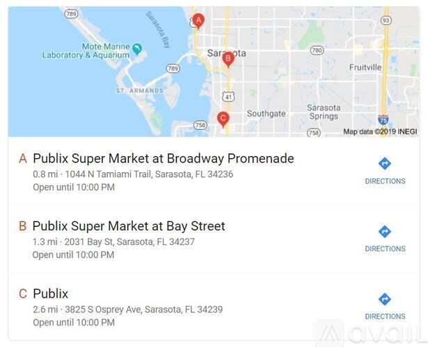 A map shows three locations of Publix Super Markets in Sarasota, FL, with their addresses and opening hours.