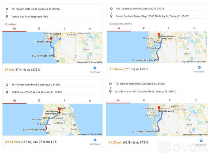 Four maps showing different routes to 161 Golden Gate Point, Sarasota, FL 34236.