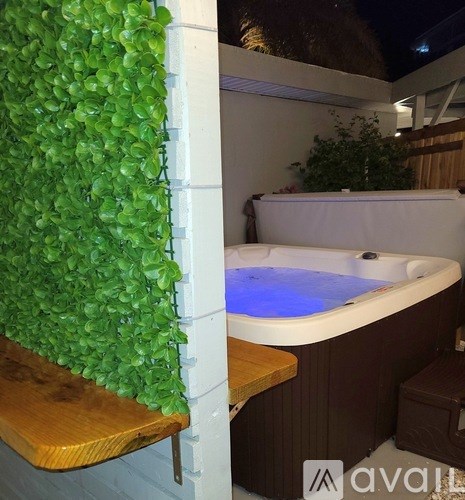 A hot tub sits in a room with a green plant on the wall.