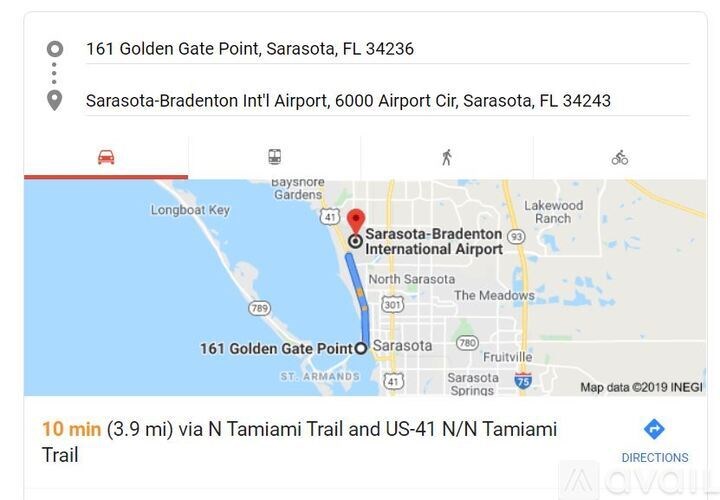 A map showing a route from 161 Golden Gate Point to Sarasota-Bradenton International Airport.