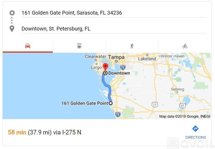 A map showing a route from Downtown St. Petersburg to 161 Golden Gate Point in Sarasota, FL.