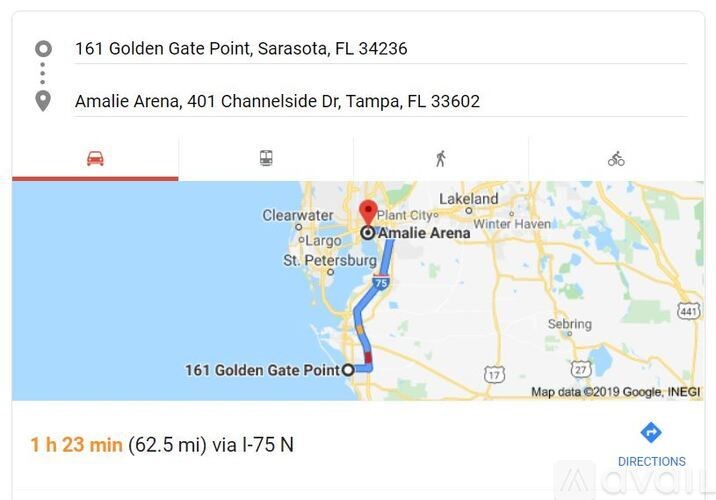 A map showing a route from 161 Golden Gate Point to Amalie Arena.