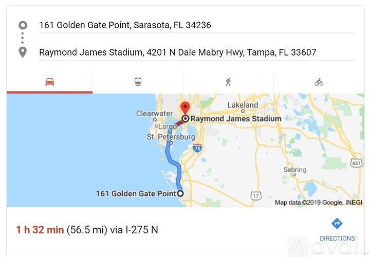A map showing the distance and direction from 161 Golden Gate Point to Raymond James Stadium.
