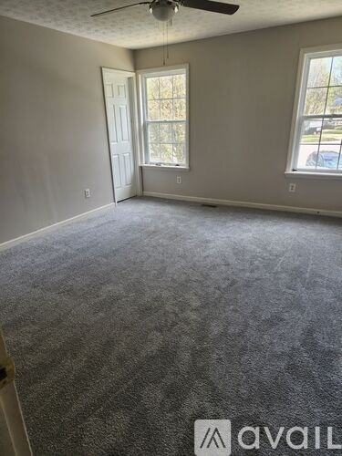 A room with a carpeted floor and a ceiling fan.