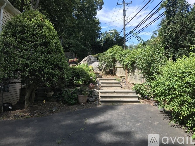 A backyard with a set of stairs leading up to a house.