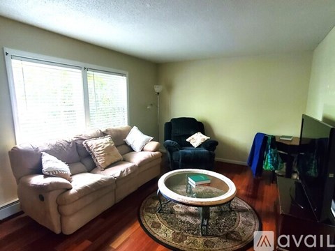 A living room with a couch, chair, and television.