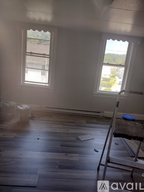 A room with wooden floors and two windows.