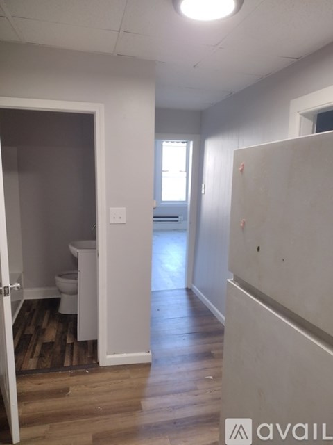 A room with a toilet and a wooden floor.