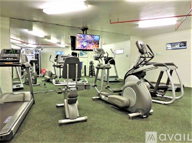 A gym with treadmills, elliptical machines, and other exercise equipment.