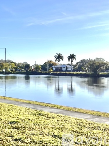 A serene lake with a grassy shore and palm trees in the distance.