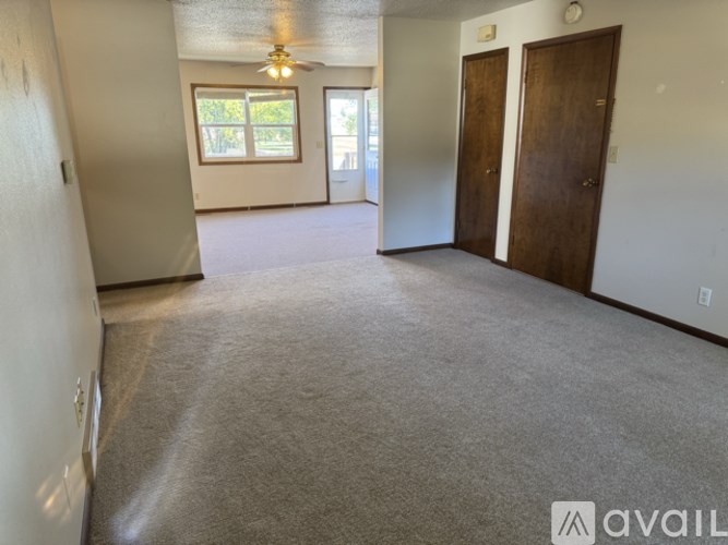 A spacious room with a carpeted floor, two doors, and a window with a view of trees.