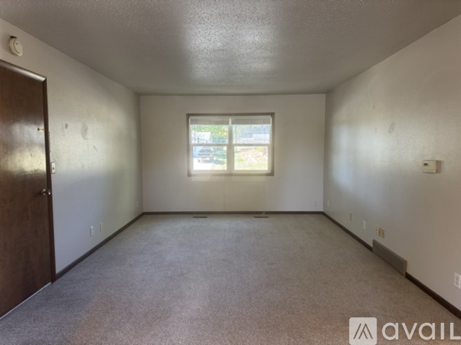 A room with a window and a carpeted floor.