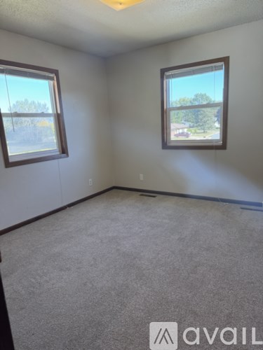 A room with two windows and carpeted floor.