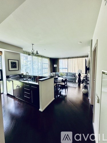 A modern kitchen with black cabinets and a person standing in the background.
