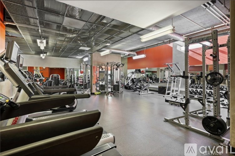 A gym with treadmills, weights, and other exercise equipment.