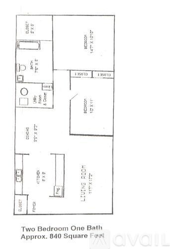 A floor plan of a two bedroom apartment with one bathroom.