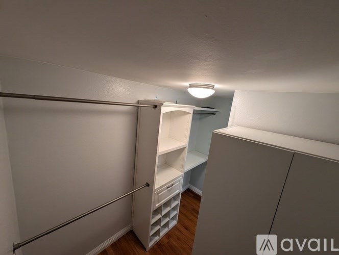 A white closet with a light on the ceiling and a white door.