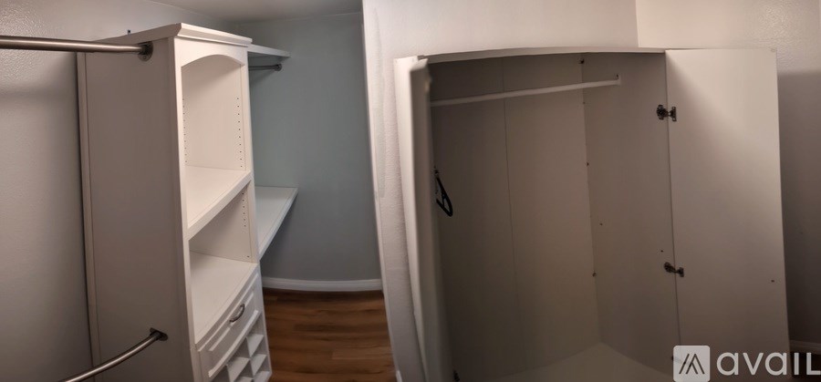 A white closet with a door open to a room with a blue wall.