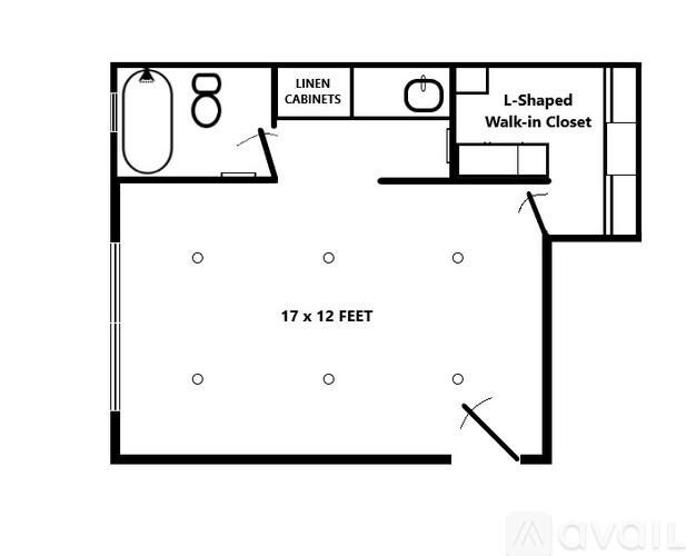 A floor plan of a room with a walk-in closet and linen cabinets.
