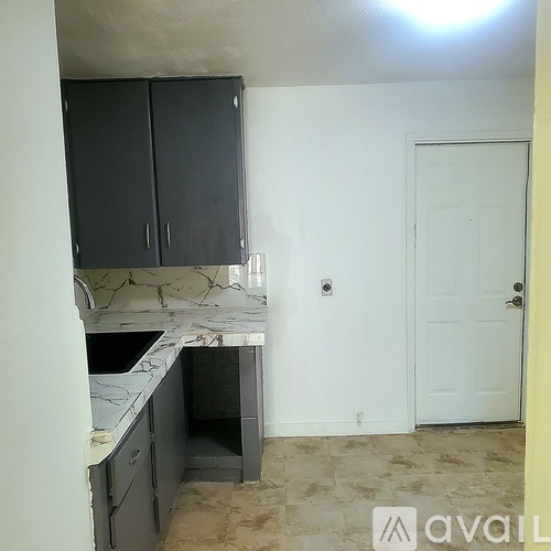 A kitchen with a counter and cabinets is available for rent.