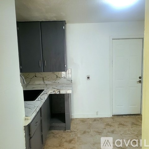 A kitchen with a counter and cabinets is available for rent.