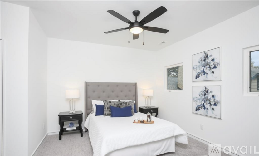 A bedroom with a large bed, a ceiling fan, and a nightstand with a lamp.