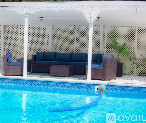 A pool with a blue float in it.