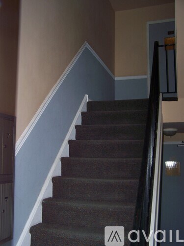 A staircase with a carpeted runner and a wooden handrail.