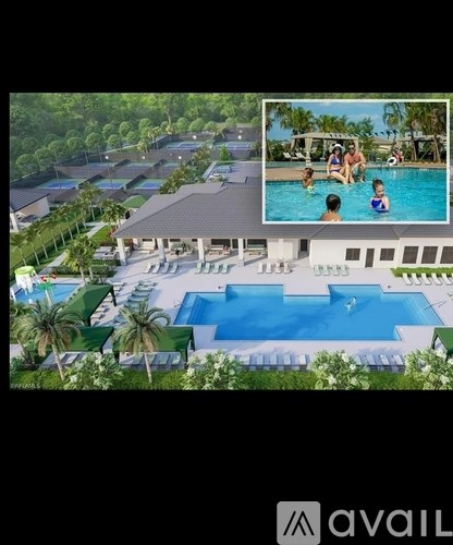 A large outdoor swimming pool surrounded by palm trees and lounge chairs.