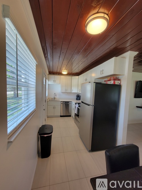 A kitchen with a black fridge and a black bin.
