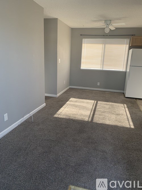 A room with a carpeted floor and a ceiling fan.