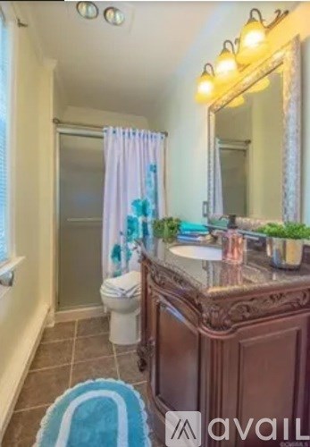A bathroom with a brown vanity, a toilet, a shower with a purple shower curtain, and a blue rug.