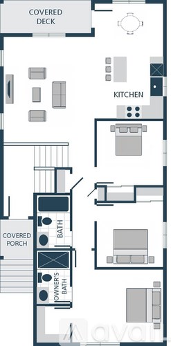 A floor plan of a house with a covered deck, kitchen, and two bathrooms.