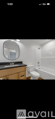 A bathroom with a toilet, sink, and mirror.