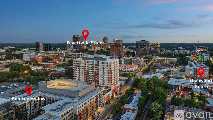 An aerial view of a city with Fayetteville Street, Smokey Hallow and Glenwood South marked.