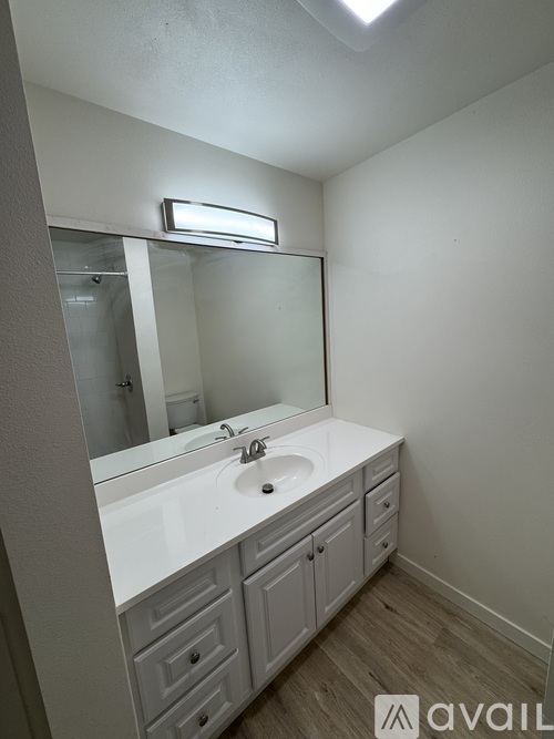 A bathroom with a white sink and a mirror above it.