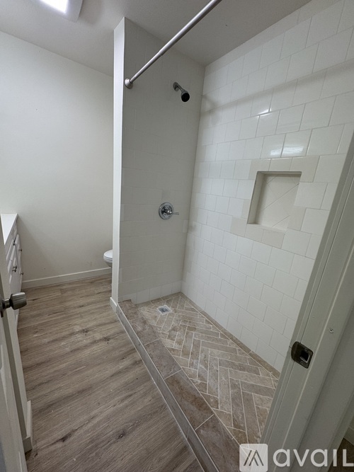 A bathroom with a walk-in shower and a toilet.