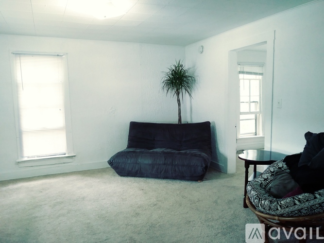 A living room with a sofa, a small table, and a plant.
