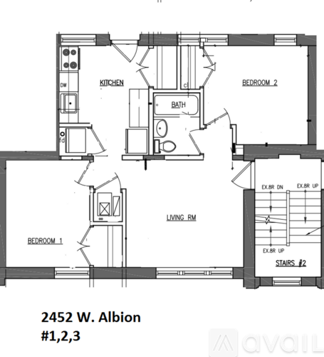 A drawing of a floor plan for a home with three bedrooms and a living room.